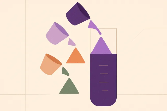 Abstract illustration of several small cups pouring grains into one tall measuring column, filled just past a hairline mark