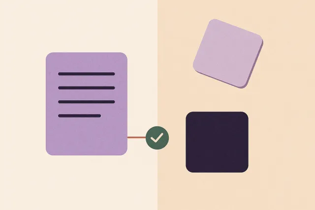 Abstract illustration of a page of written lines joined by a check-marked connector to one tile, with a second unconnected tile set apart from it