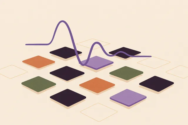Abstract illustration of a grid of flat tiles with a single wave travelling above them, dipping down to touch only two