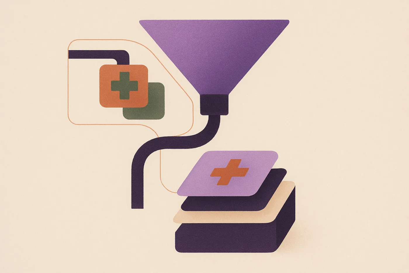 Abstract illustration of a wide funnel narrowing into a single channel that branches, one path feeding a stack of layered cards and the other diverting two cards away to the side