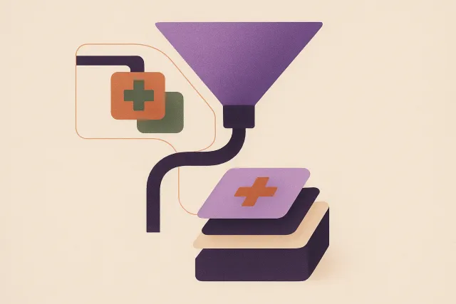 Abstract illustration of a wide funnel narrowing into a single channel that branches, one path feeding a stack of layered cards and the other diverting two cards away to the side