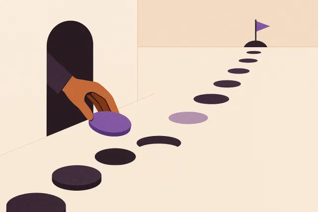 Abstract illustration of a hand placing a stone back into a winding trail of stepping stones that leads toward a small flag, with gaps mid-route
