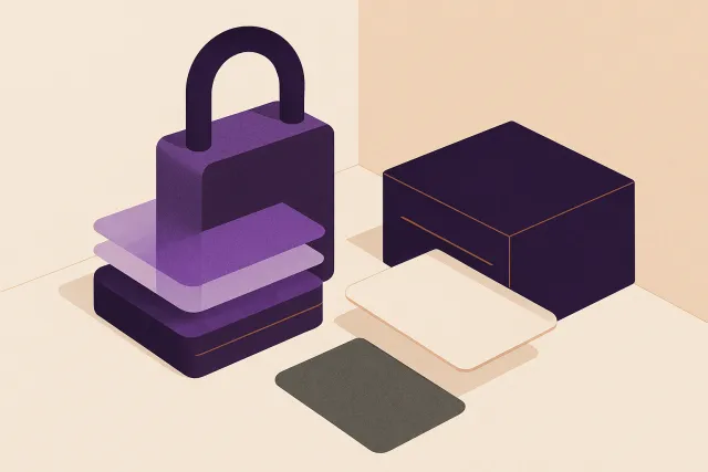 Abstract illustration of a padlock clamped over a stack of layered cards, with one clean card slipping out from a separate sealed drawer