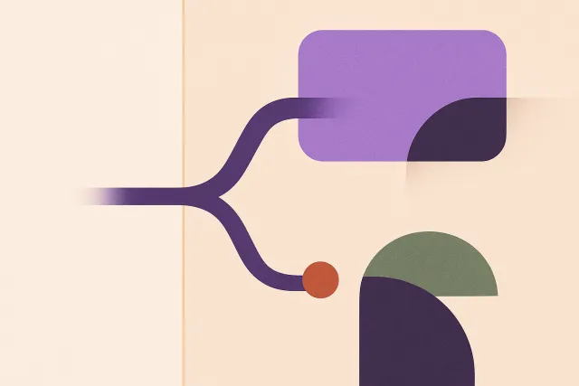 Abstract illustration of a single path crossing a thin boundary line and forking into two routes, one running clear and one stopping at a marker