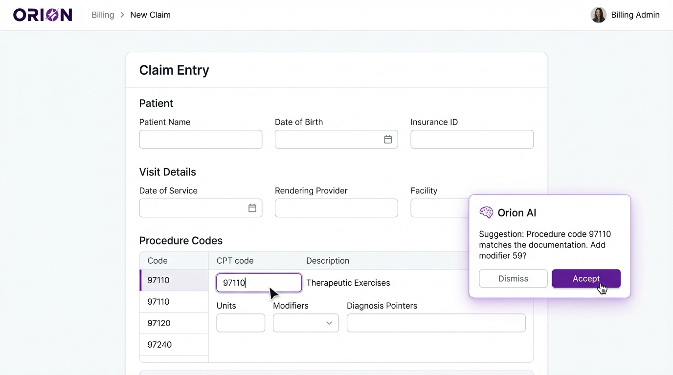 Orion EHR billing interface with AI suggestions for procedure codes