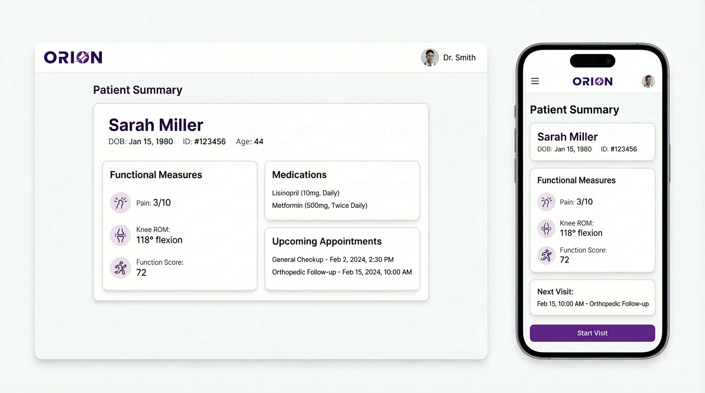 Orion EHR responsive design showing desktop and mobile patient summary views